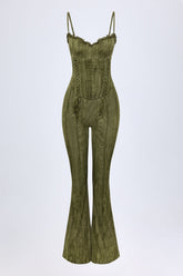 Lace-Up Ruffled Flared Jumpsuit in Green Print